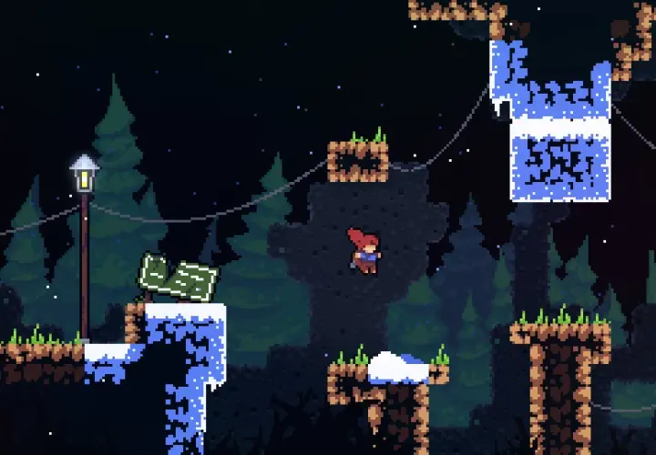 Dziewczynka z rudymi włosami skacze między platformami w lesie nocą. To scena z gry indie, gdzie każdy skok jest wyzwaniem.