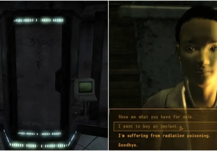 W New Vegas, chcesz kupić implant? Widać tu gabinet lekarski i okno dialogowe z opcją zakupu.