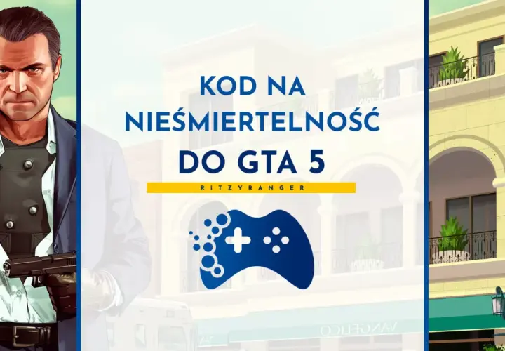 Michael z GTA 5 z pistoletem, obok napis "KOD NA NIEŚMIERTELNOŚĆ DO GTA 5" i niebieski kontroler.
