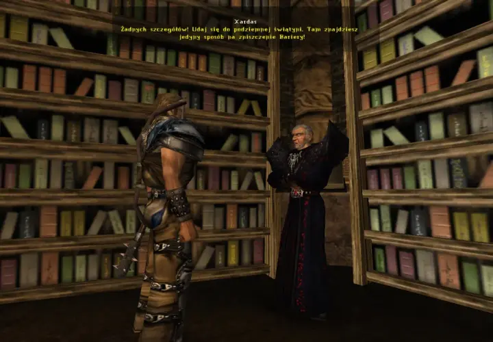 W mrocznej bibliotece, Xardas wskazuje drogę do podziemnej świątyni, gdzie czeka klucz do zniszczenia Bariery.