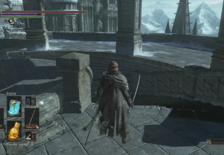 Postać w zniszczonym płaszczu z dwoma mieczami na tle majestatycznych gór i budowli, przypominających Anor Londo.