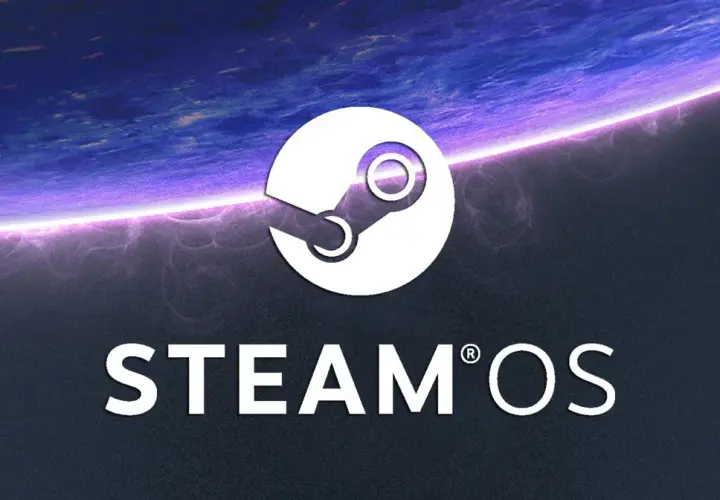 Logo Steam z napisem STEAM OS na tle kosmicznej planety. Steam to platforma cyfrowej dystrybucji gier.