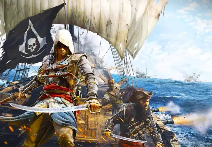 Na pokładzie statku, piraci z Assassin's Creed walczą, a w tle widać bitwę morską i wyspę.