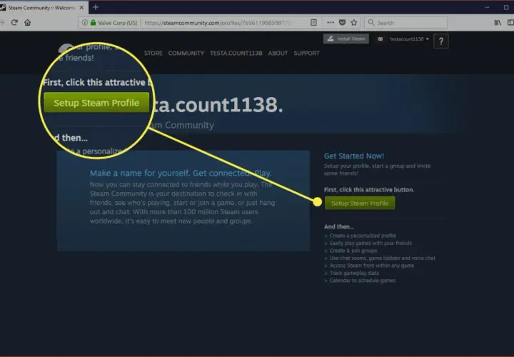 Jak utworzyć konto na Steam? Kliknij "Setup Steam Profile", aby zacząć personalizować swój profil i grać ze znajomymi.