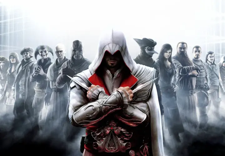 Grupa asasynów w białych kapturach i z ukrytymi ostrzami, gotowa do akcji.