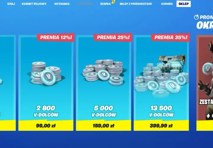 Kup V-dolce w Fortnite, aby zdobyć przedmioty kosmetyczne. Dostępne pakiety z premią, np. 13500 V-dolców z bonusem 35%.