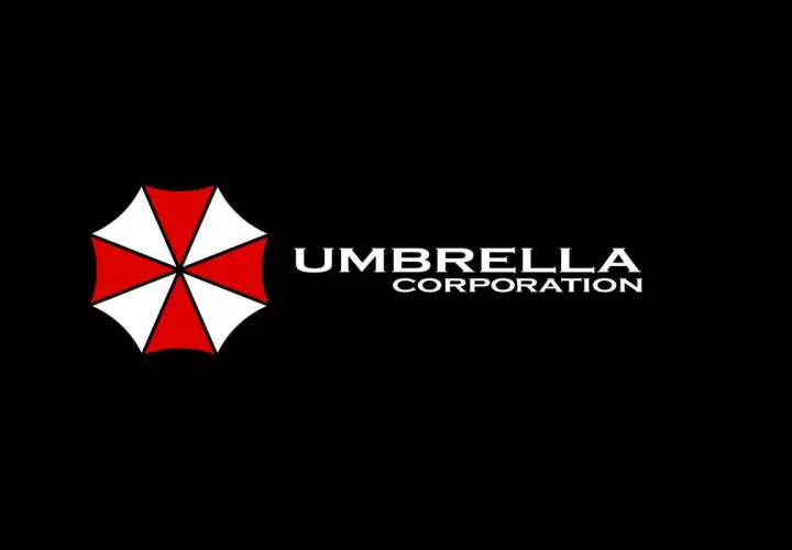 Logo Umbrella Corporation: czerwono-biały symbol parasola i napis.