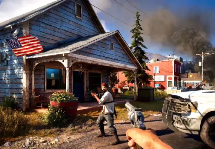 Akcja w stylu Far Cry 7: mężczyzna z karabinem przed domem, w tle dymiące budynki i płonący samochód.