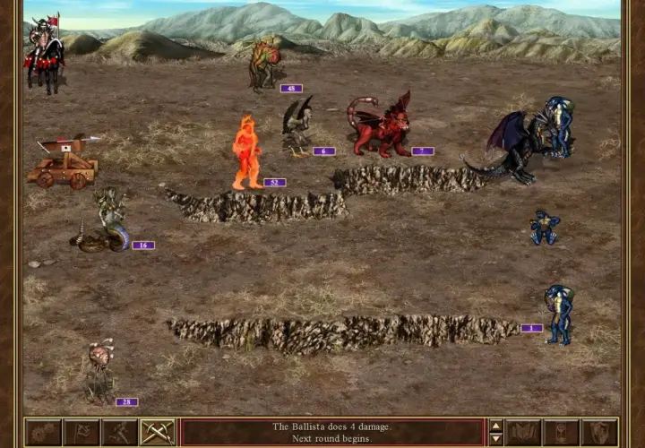 Bitwa w heroes gra: rycerz na koniu, ballista, smok, ognisty golem i inne potwory na pustynnym polu.