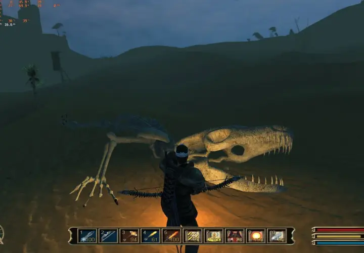 Gracz z łukiem stoi przed szkieletem dinozaura na pustyni. W okarze potrzebują więcej ludzi do eksploracji tego miejsca.
