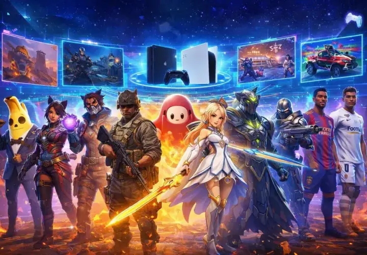 Postacie z gier, w tym żołnierz, wojowniczka i banan, stoją obok konsol PS4 i PS5, sugerując darmowe gry na PS4.
