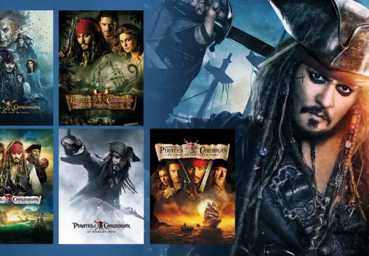 Plakaty filmów "Piraci z Karaibów online" z Kapitanem Jackiem Sparrowem i załogą.