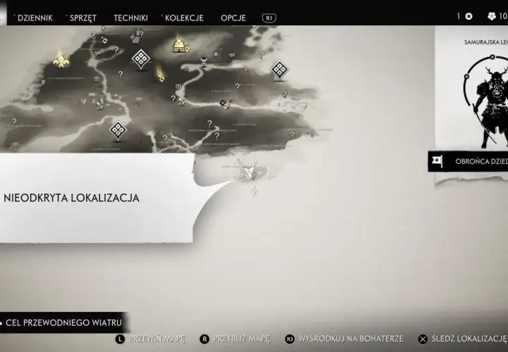 Mapa z gry Ghost of Tsushima, z zaznaczoną "NIEODKRYTA LOKALIZACJA". Może to być zakazana kapliczka.