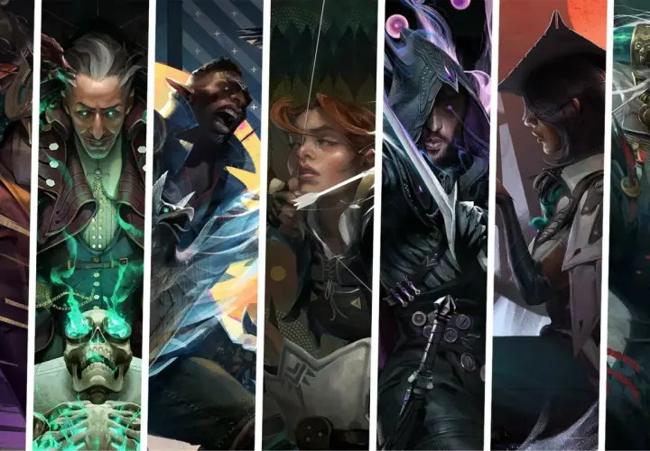 Kolekcja barwnych portretów postaci z Dragon Age: mroczny mag, łuczniczka, wojownik i inni.