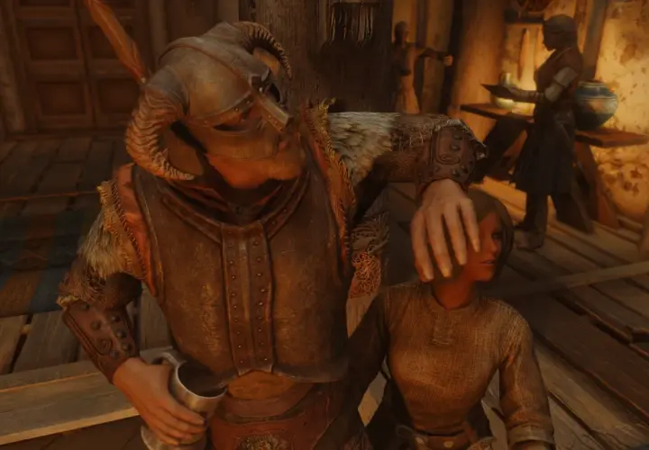 W Skyrim, pomoc w potrzebie. Zbrojny Nord zasłania oczy kobiecie, gdy inni krzątają się w tle.