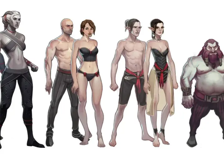 Postacie z Dragon Age: Qunari, ludzie, elfy i krasnoludy w zróżnicowanych strojach, od bojowych po letnie.