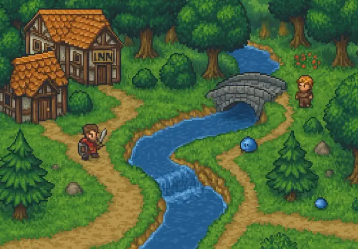 Pixelartowa scena z karczmą, rzeką i mostem. Postać z mieczem i tarczą przemierza ścieżkę, jak w popularnych grach RPG.