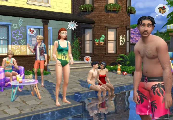 Rodzina cieszy się latem przy basenie, marząc o tym, jak grać w The Sims 4 za darmo.