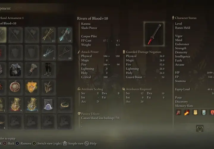 Radagon's Rivers of Blood+10, potężna katana z efektem krwawienia, gotowa do walki.