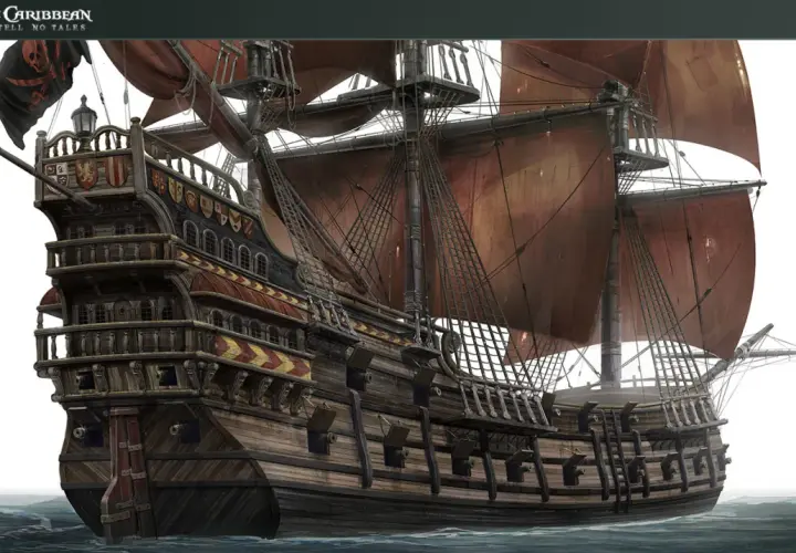 Majestatyczny galeon z "Piraci z Karaibów" z czerwonymi żaglami i czarną banderą z czaszką, gotowy na przygodę.