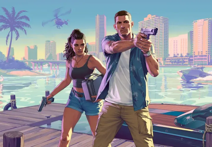 Para, z pistoletem i walizką, na tle miasta i policyjnej łodzi. Kiedy ma wyjść GTA 6?