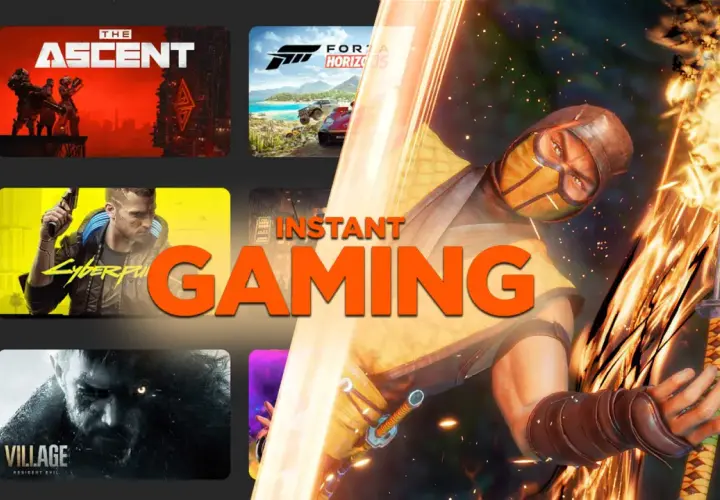 Sprawdź instant gaming opinie! Na obrazie Scorpion z Mortal Kombat, gry The Ascent, Cyberpunk 2077, Forza Horizon 5 i Resident Evil Village.