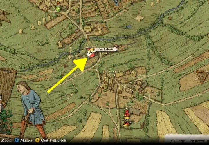 Mapa Kingdom Come: Deliverance. Strzałka wskazuje drogę do odwiedzenia Lubosza w Przybysławicach.