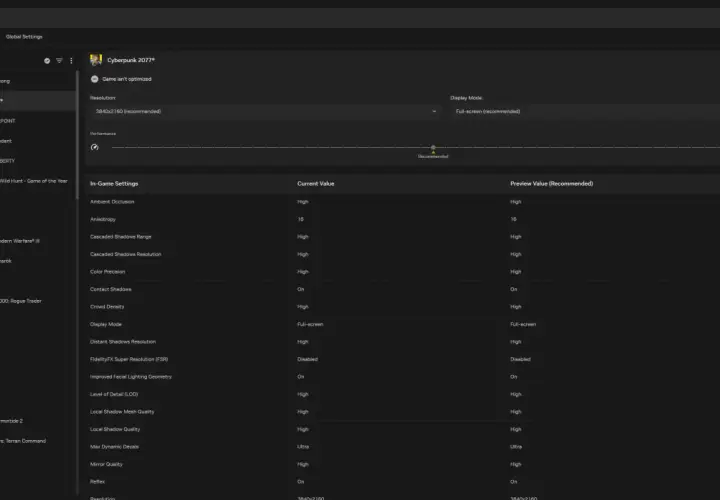 NVIDIA Experience pokazuje ustawienia graficzne dla Cyberpunk 2077, z rozdzielczością 3840x2160 i opcją optymalizacji.