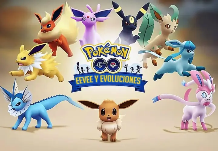 Wszystkie ewolucje Eevee, w tym Vaporeon, Jolteon, Flareon, Espeon, Umbreon, Leafeon, Glaceon i Sylveon, prezentowane w grze Pokémon GO.