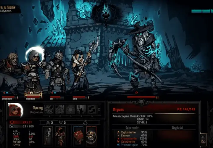 Drużyna bohaterów walczy z Młynarzem w mrocznej kniei Darkest Dungeon.