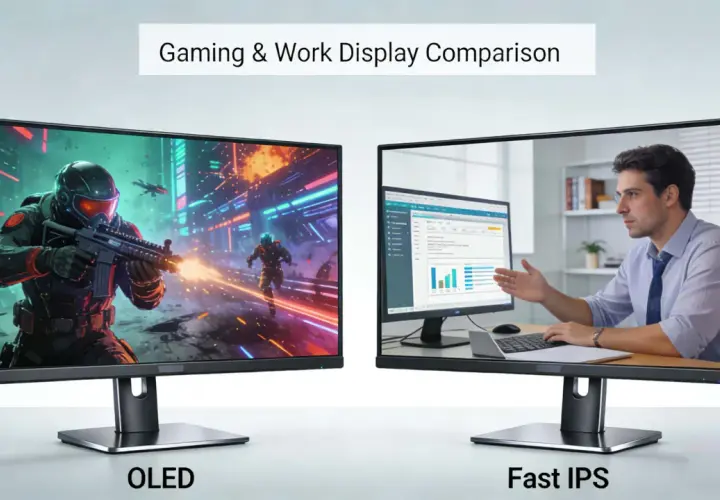Porównanie monitorów: OLED z dynamiczną grą akcji i Fast IPS z pracą biurową.