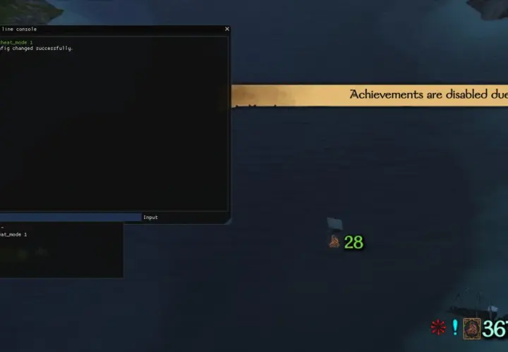 Konsola gry Bannerlord z włączonymi bannerlord cheats. Osiągnięcia wyłączone.