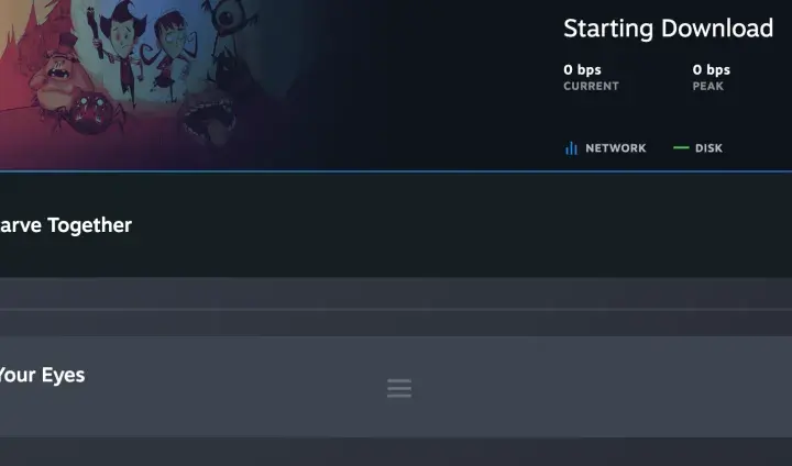 Steam pokazuje pobieranie gry "Don't Starve Together". Jeśli masz problemy, spróbuj jak wyczyścić pamięć podręczną Steam.