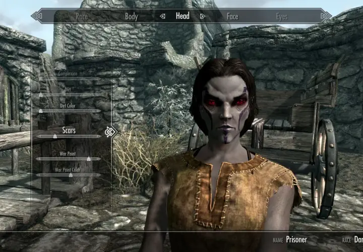 Tworzenie postaci w Skyrim, z opcją edycji blizn i makijażu. Data wydania gry to 11.11.11.