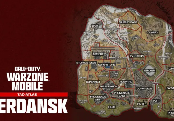 Mapa taktyczna Verdansk z zaznaczonymi lokacjami: lotnisko, miasto, więzienie, baza wojskowa i inne.