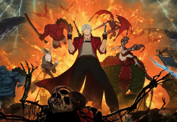 Dante z Devil May Cry 1, otoczony przez demony i płomienie, gotowy do walki.