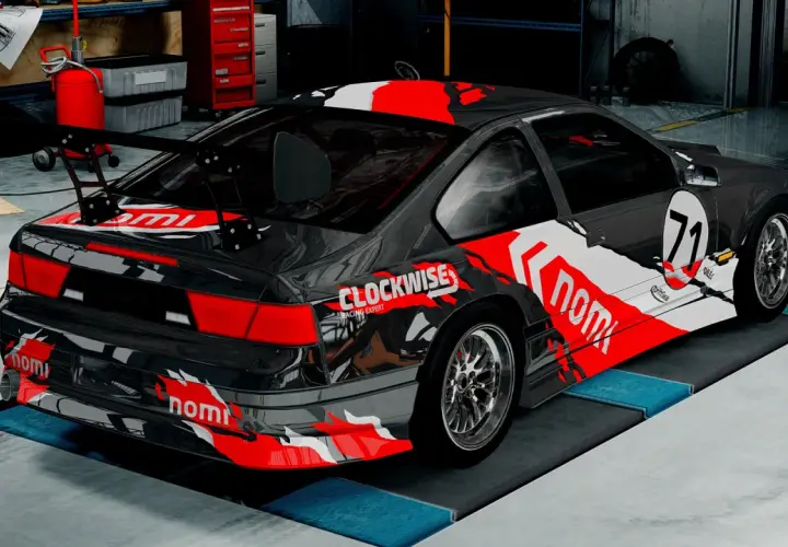 Czarny sportowy samochód z czerwono-białymi grafikami, numerem 71 i napisem "CLOCKWISE RACING EXPERT". Idealny do gry BeamNG Drive za darmo!