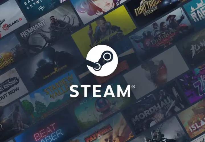 Tło z okładkami gier Steam. W centrum logo Steam i napis. Uzupełnij swój adres rozliczeniowy Steam, aby dokończyć zakup.