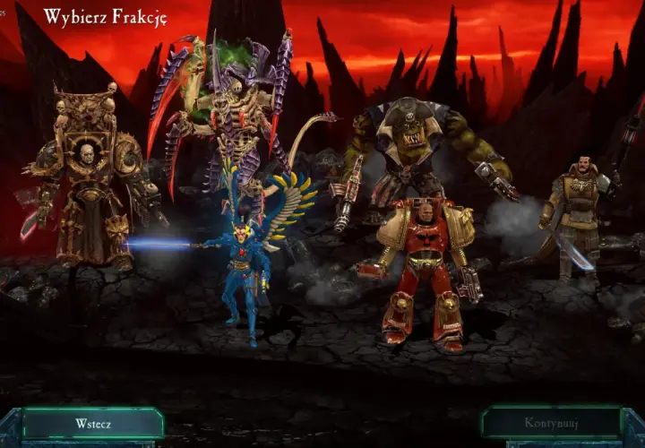 Wybór frakcji w Dawn of War II: Retribution. Widoczni: Kosmiczny Marine, Tyranid, Ork, Eldar i Imperialny Komisarz.