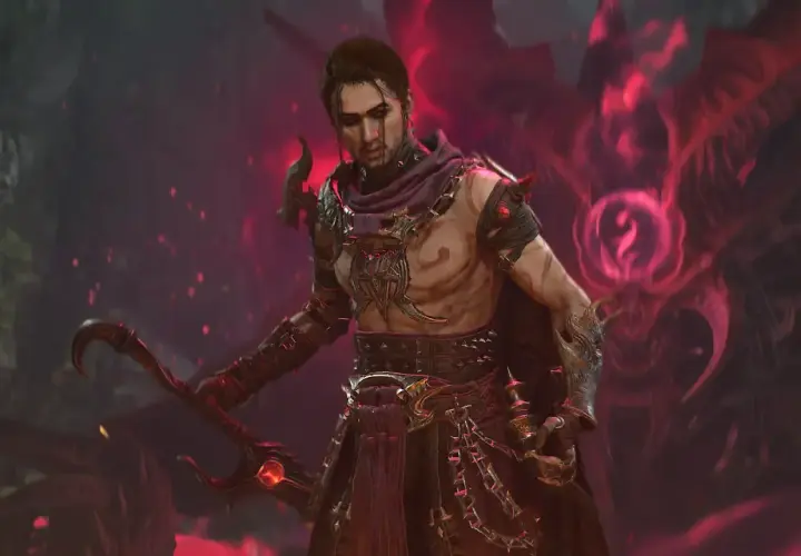 Mroczny paladyn w zbroi z kolcami, z mieczem w dłoni, stoi na tle demonicznych kształtów i czerwonej mgły.