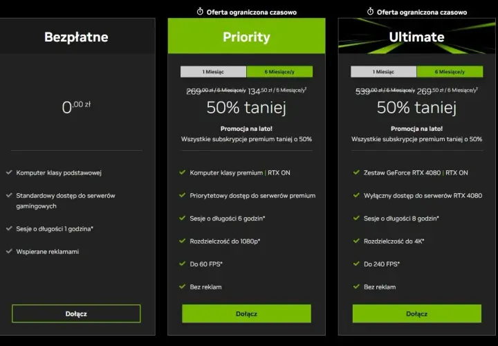 Porównanie planów GeForce Now: Bezpłatny, Priority i Ultimate. Sprawdź aktualną **geforce now cena** i promocje na lato!