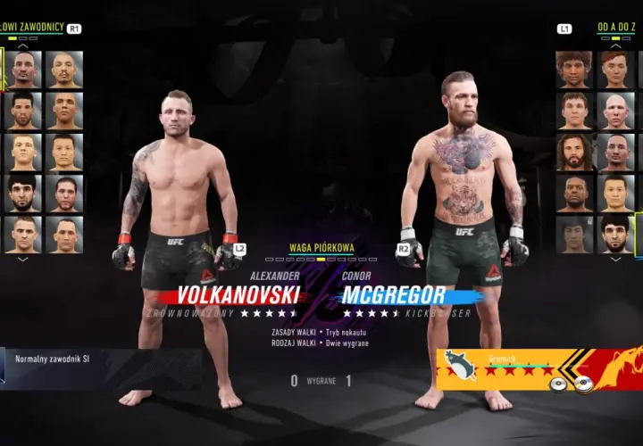 Wybór zawodników w grze UFC: Alexander Volkanovski kontra Conor McGregor.