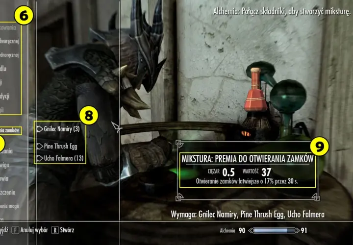 Skyrim alchemia przepisy: mikstura premii do otwierania zamków z Gnilec Namiry, Pine Thrush Egg i Ucho Falmera.