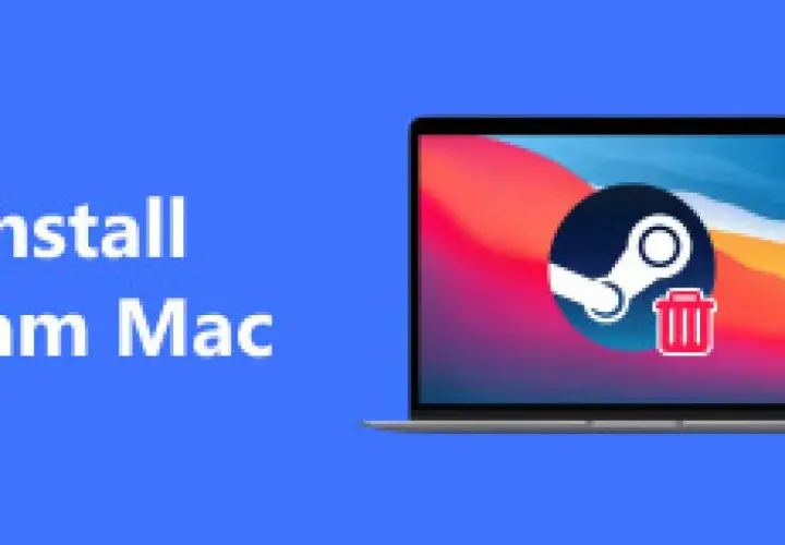 Jak usunąć Steam z komputera Mac? Ikona Steam z koszem na śmieci na ekranie laptopa.