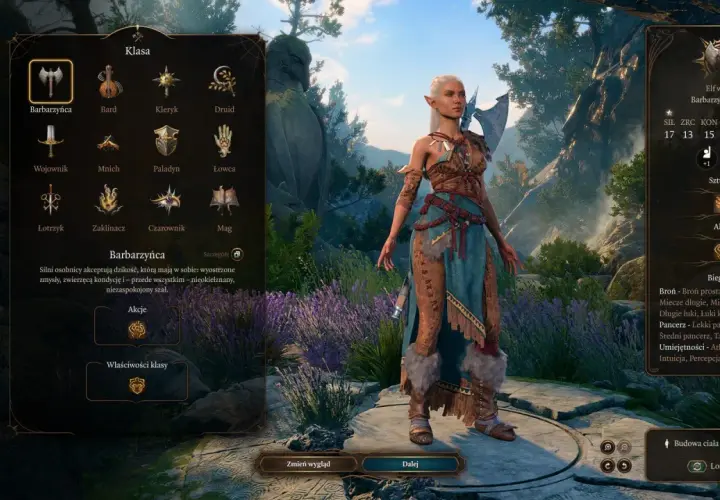 Elfka barbarzyńca z Baldur's Gate, gotowa do walki. Wśród **baldur's gate postacie** wyróżnia się dziką naturą i siłą.