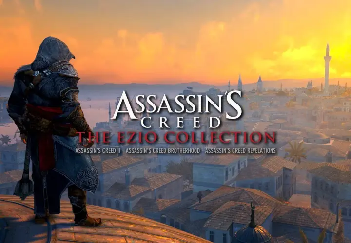 Ezio Auditore na dachu, patrzący na miasto o zachodzie słońca. Okładka Assassin's Creed II Discovery.