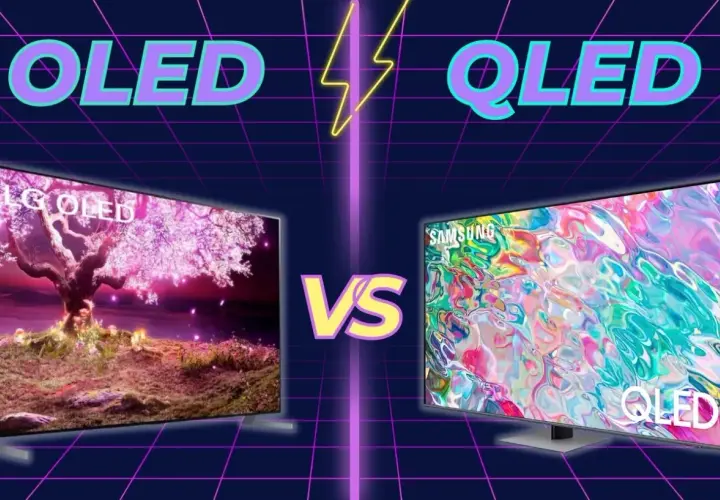 Porównanie telewizorów: po lewej LG OLED z kwitnącym drzewem, po prawej Samsung QLED z abstrakcyjnym obrazem. Który wybrać: OLED czy QLED?