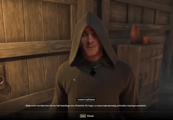 Lucien Lachance, członek gildii złodziei w grze Oblivion, w kapturze, mówi o mordercach i czystym sumieniu.