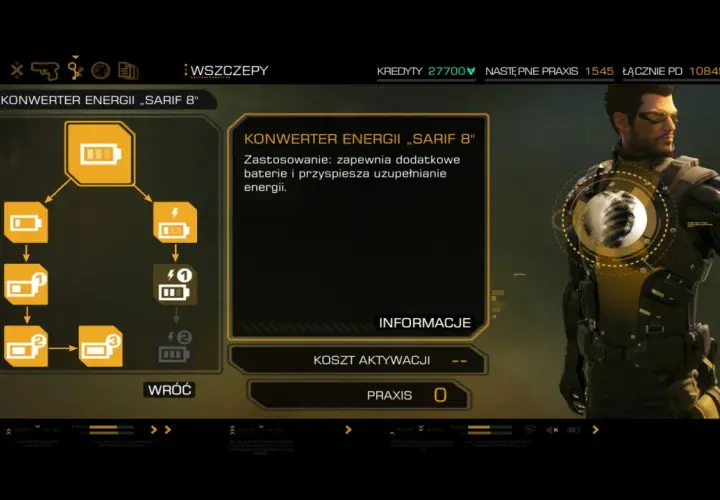 Adam Jensen w Deus Ex: Bunt Ludzkości ulepsza swój pancerz, by zyskać dodatkowe baterie i przyspieszyć regenerację energii.
