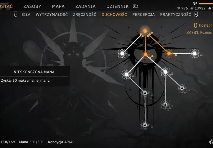 Drzewko umiejętności postaci z widocznym "DUCHOWOŚĆ" i opisem "NIESKOŃCZONA MANA". To może być początek **rage of mage**!